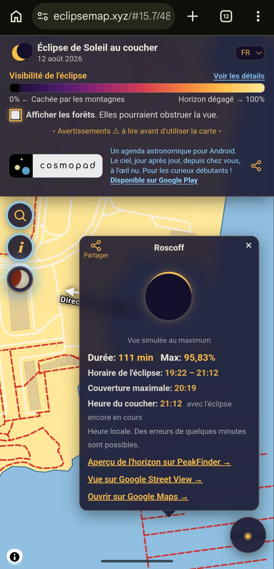 Carte et prévisions astronomiques de l'éclipse à Roscoff