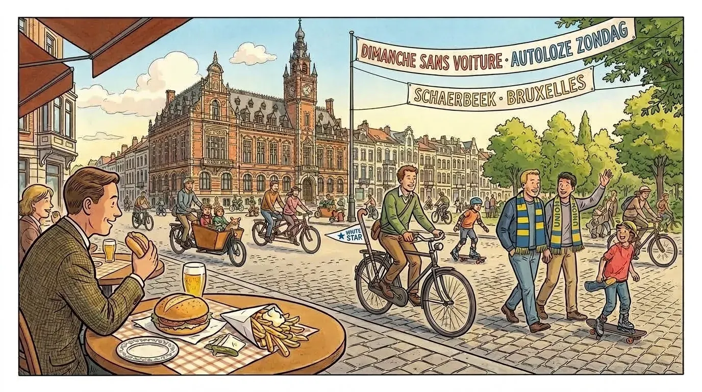Schaerbeek on Car-Free Sunday — Hôtel Communal de Schaerbeek, Royal White Star HC hockey stick on a bicycle, Union Saint-Gilloise scarves, a crusty round pistolet américain, and a cone of Belgian frites