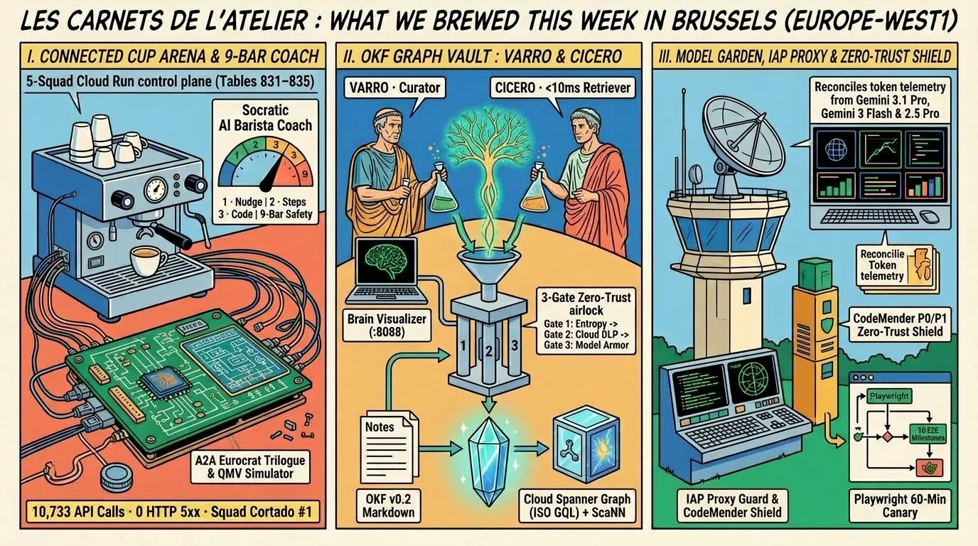 Les Carnets de l’Atelier: 3-Panel Ligne Claire Technical Comic Strip — Connected Cup Arena, OKF Graph Vault (Varro & Cicero), and Model Garden + IAP Proxy Zero-Trust Shield